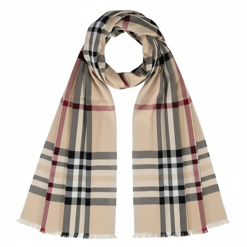 FRAAS Plaid Lightweight Wrap Scarf - Soft Acrylic in Beige - Gomix Brands Outlet